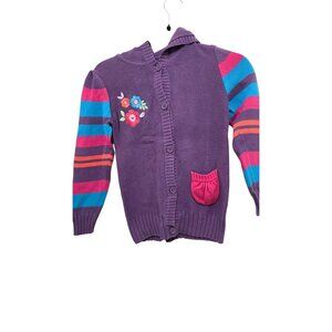 Sweet Ivy Girl Purple Hooded Cardigan Sweater Floral Embroidery & Striped Sleeve